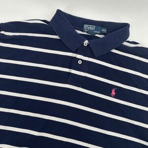 Polo Ralph Lauren Striped Polo Shirt XXL Mens Pink Pony Logo Navy‎ Blue